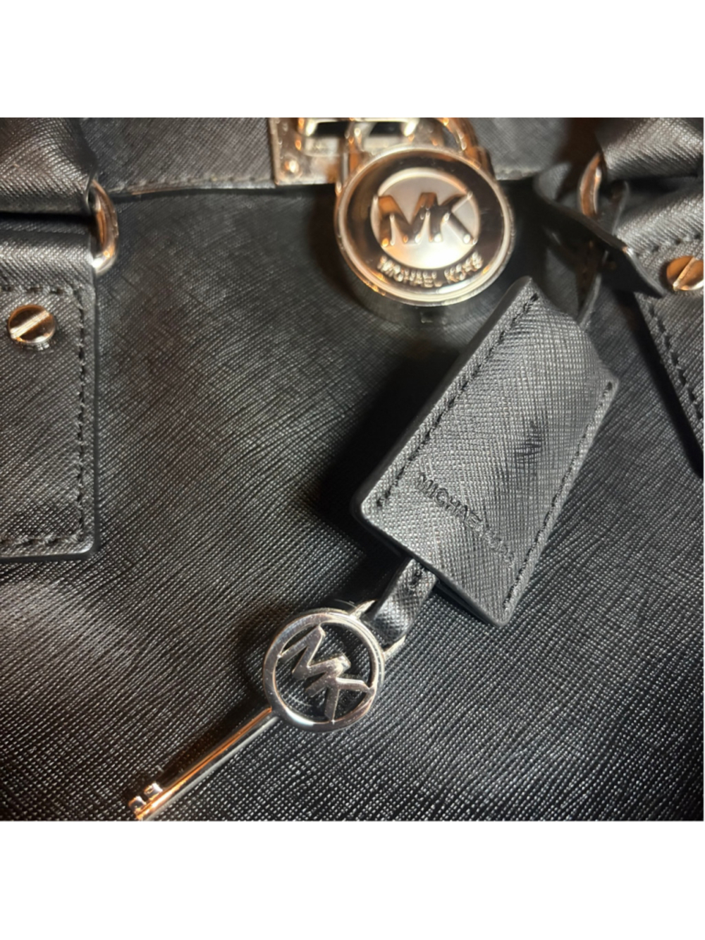 Michael Kors Hamilton Black Saffiano Leather Satchel Handbag Lock Key Strap - Picture 2 of 16